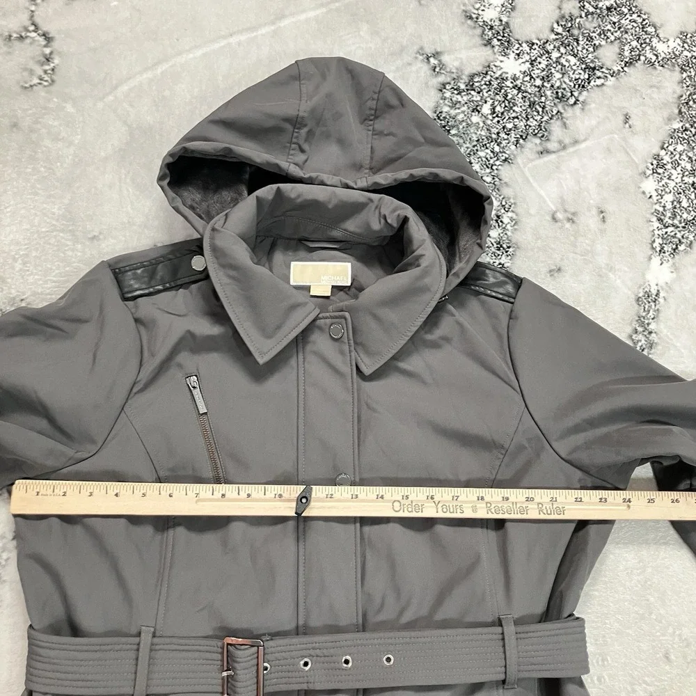 Michael Michael Kors Hooded Belted Trench Coat Gray Women's XL Water Resistant